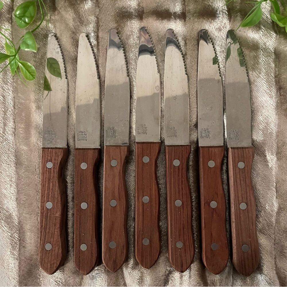 STEAK KNIVES NWOT SLITZER GERMANY 7 Stainless Steel Wooden Handles - Never Used